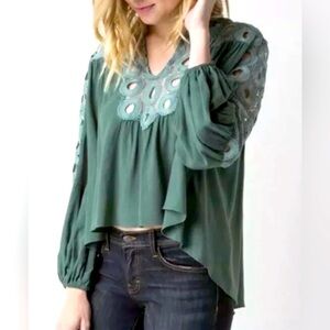 Gimmicks by BKE Green Linen Blend Split Neck Crocheted Lace Top, Size Large